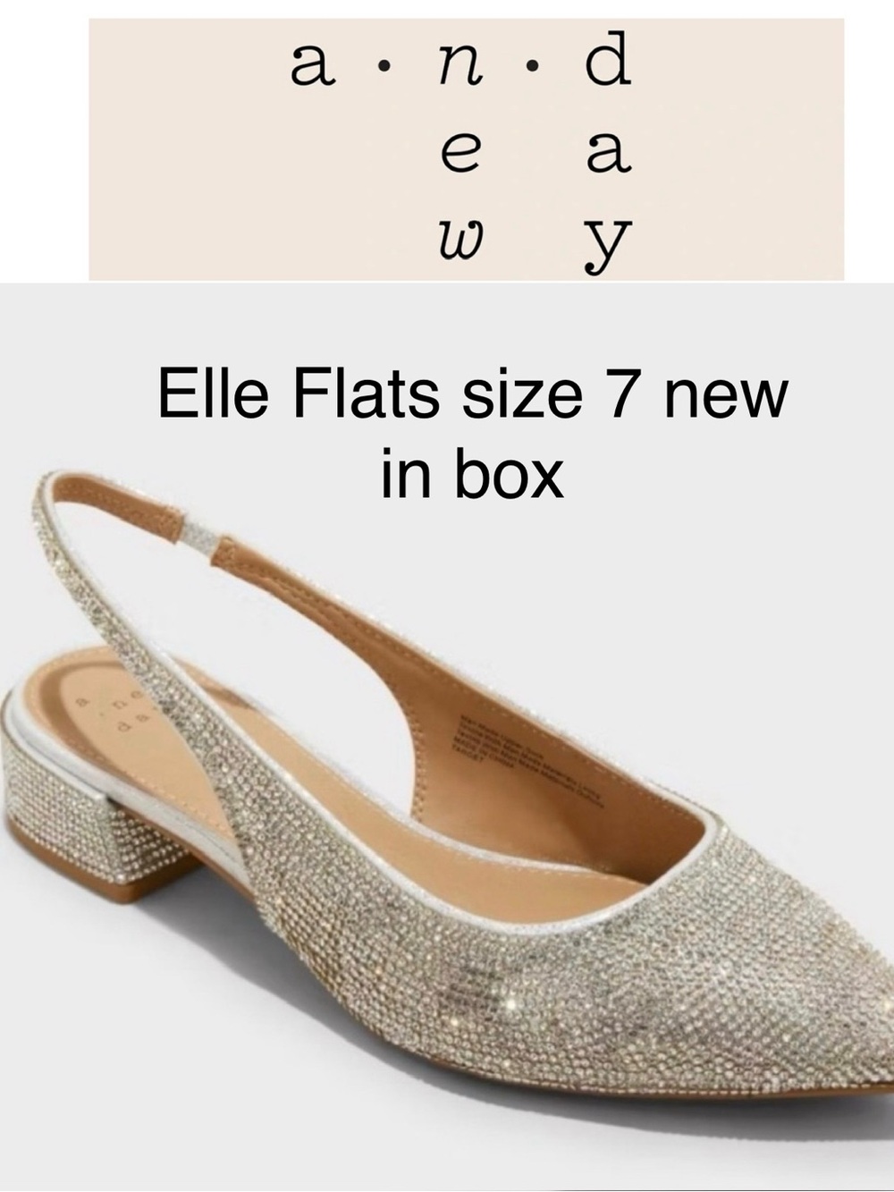 5/$30 A New Day Elle Champagne Crystal Slingback Flats New in Box Size 7